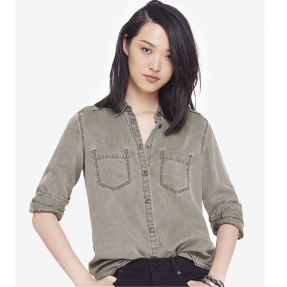 Express Olive Green Utility Button-Up Shirt